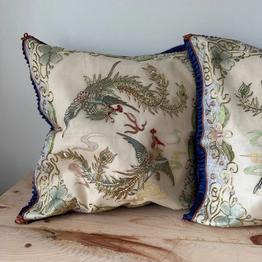 Vtg Golden Cloud Hand-Embroidered Bird Decorative Pillows Silk Blend Blue Trim